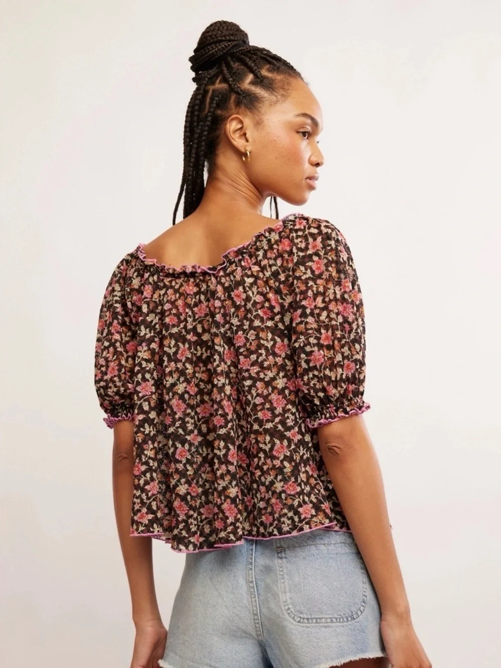 Free People Black Floral Lightweight Puff Sleeve Flowy Boho Top Sz S